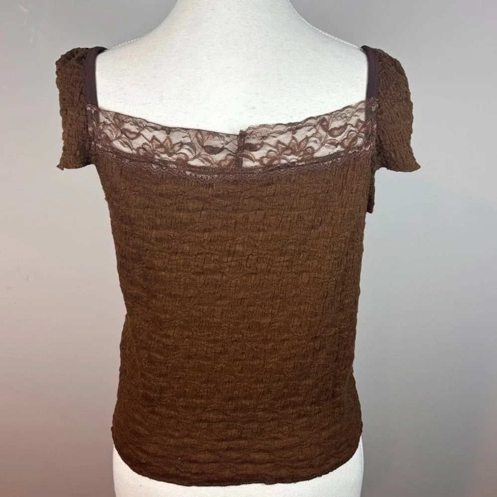 Earthbound Trading Co Women's Y2K Brown Mesh Lace Fairy Coquette Boho Top Large - Picture 4 of 9